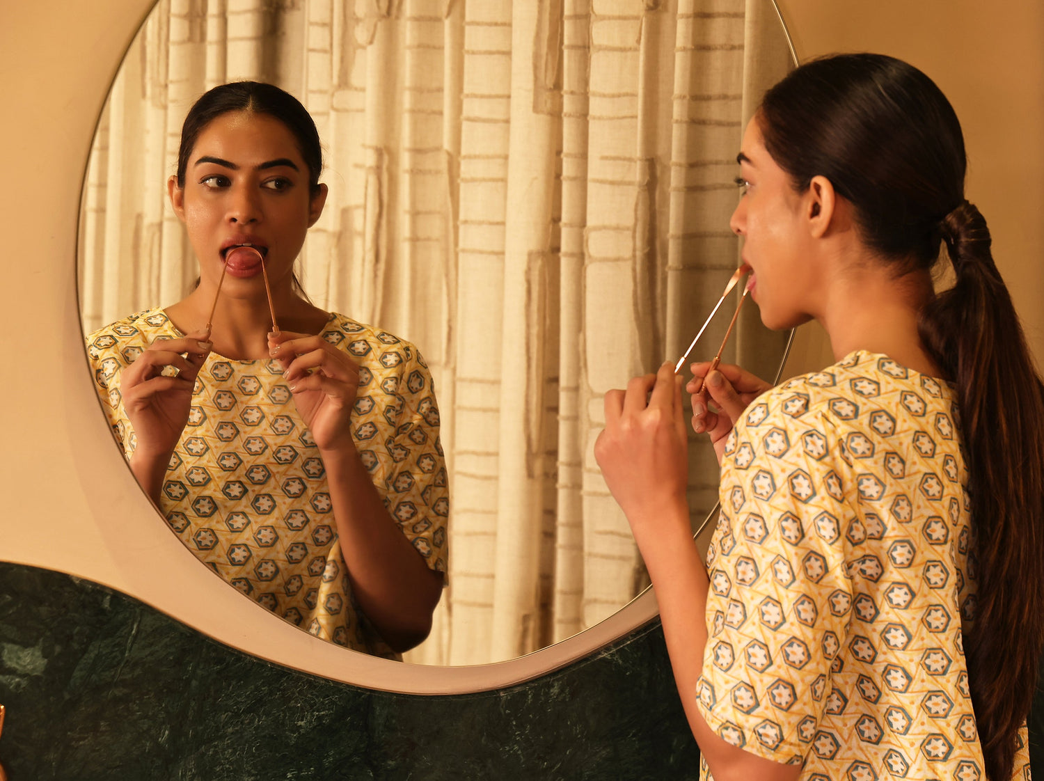 Art of Vedas Double Sided Tongue Cleaner - Woman Using Ayurvedic Tongue Scraper for Daily Oral Hygiene Ritual