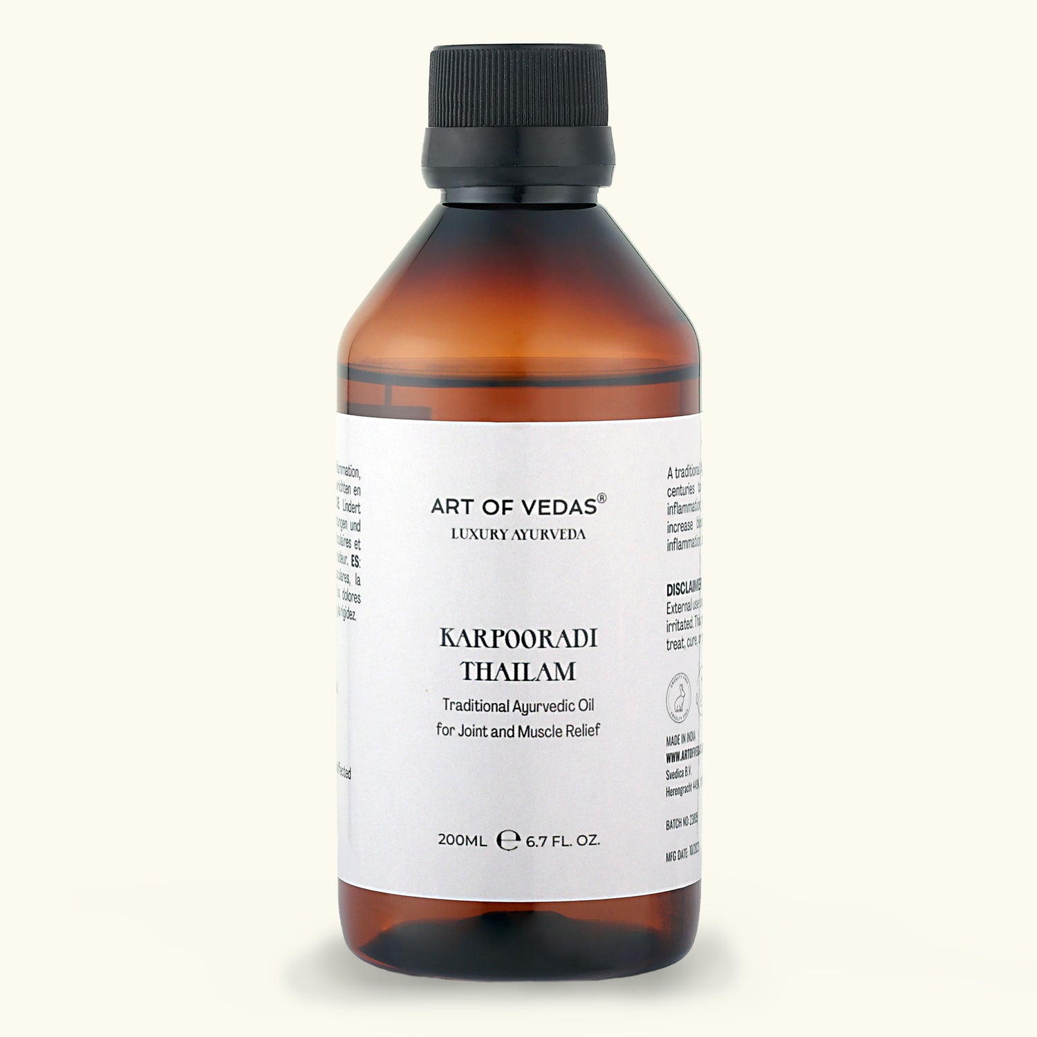 The image features a bottle of Kapooradi Thailam, prominently displayed against a calming, natural background that highlights its Ayurvedic essence. The label clearly shows the product name with a list of key herbal ingredients, emphasizing its use for pain relief and respiratory ease. 