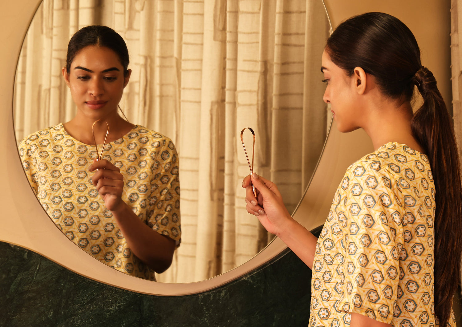 Art of Vedas Tongue Cleaner Ayurveda - Woman Using Copper Tongue Scraper for Ayurvedic Daily Oral Detox Routine